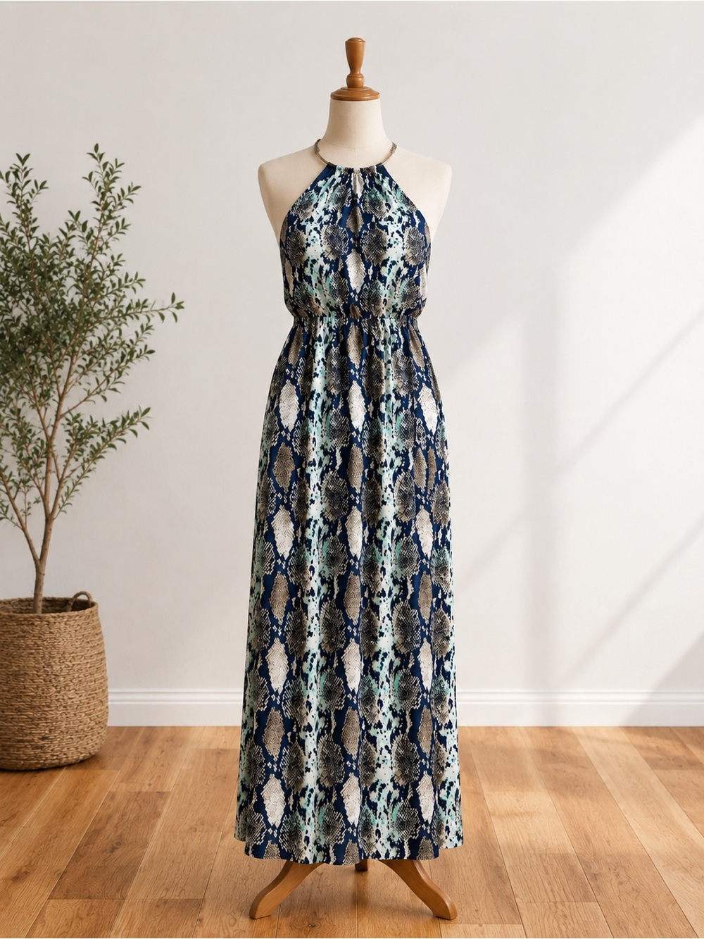 Dressbarn Women's Bold snake print halter maxi dress with metal chain neckline 6